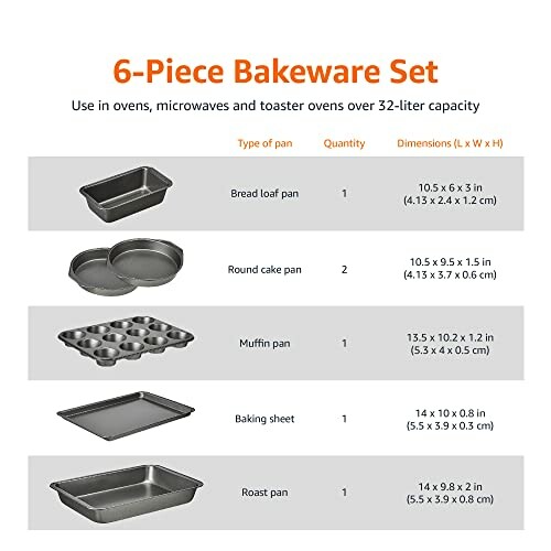 Image of a 6-piece bakeware set with dimensions and types of pans