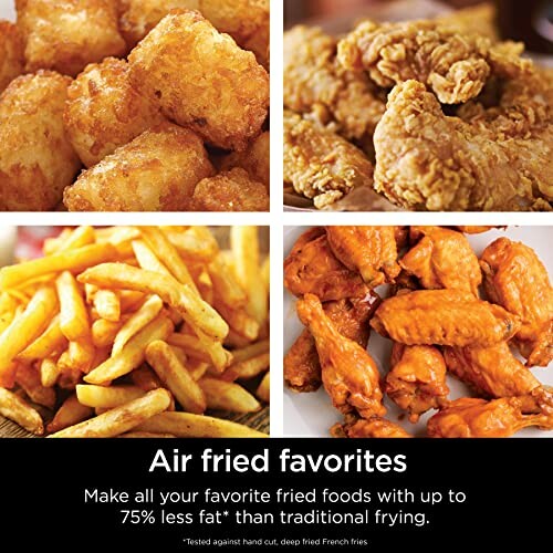 Assorted air fried foods including tater tots, fried chicken, French fries, and chicken wings.