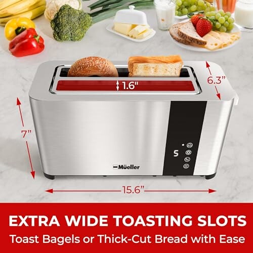 Toaster with extra wide slots for bagels and thick-cut bread.