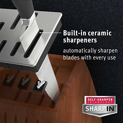 Knife block with built-in ceramic sharpeners and self-sharpen technology.