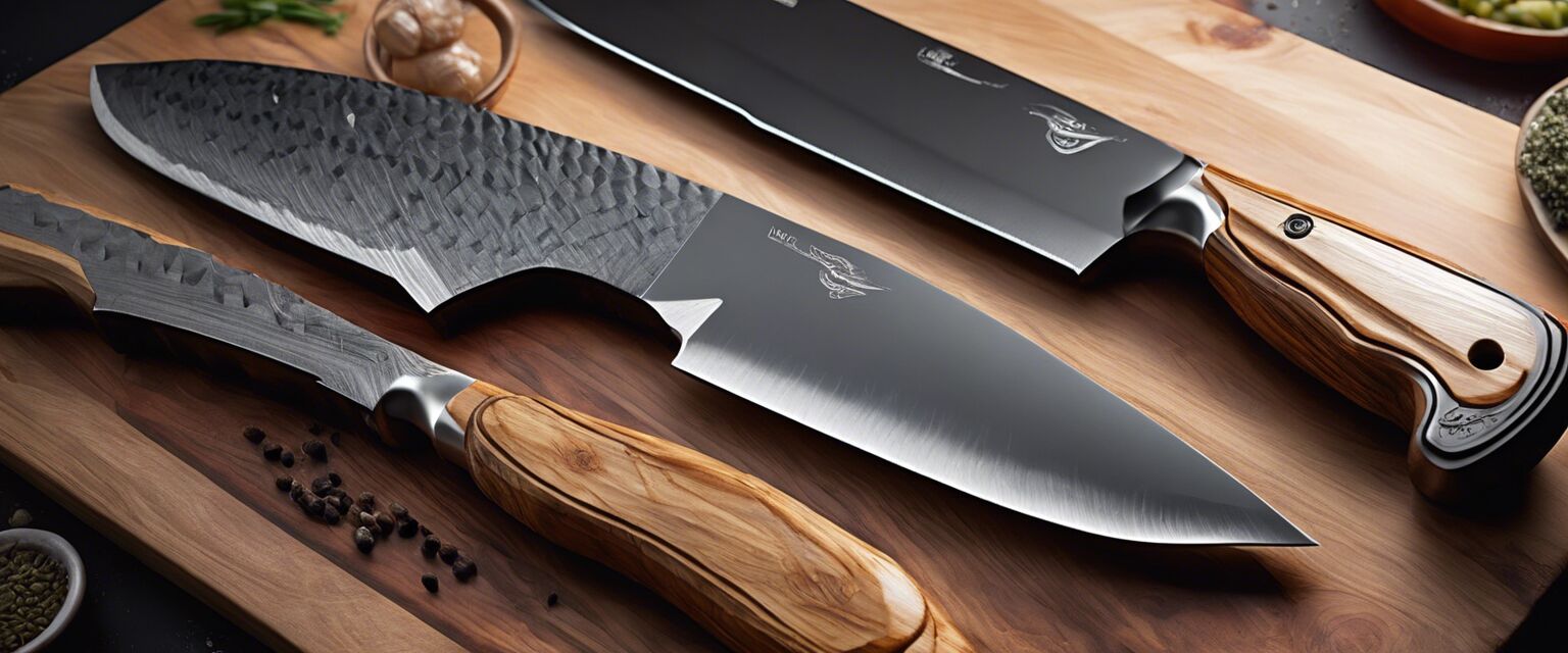 A high-quality knife set on a wooden cutting board