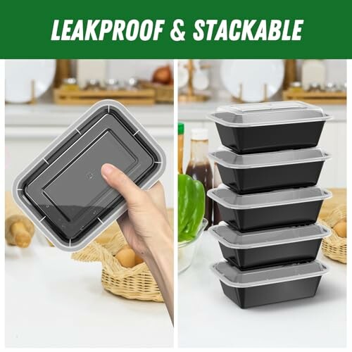 Leakproof and stackable food containers in kitchen setting.