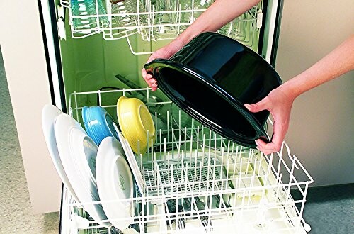 Person placing a large dish into a dishwasher with other dishes.