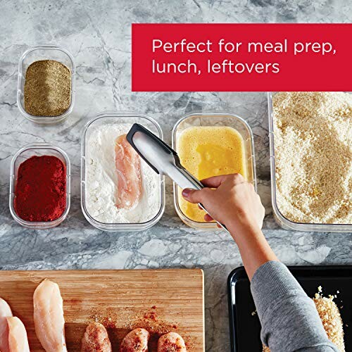 Person preparing food with ingredients and containers