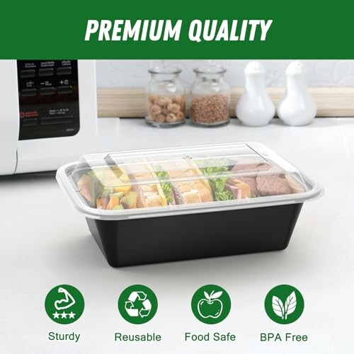 Microwave-safe food container with lid, labeled as sturdy, reusable, food safe, and BPA free.