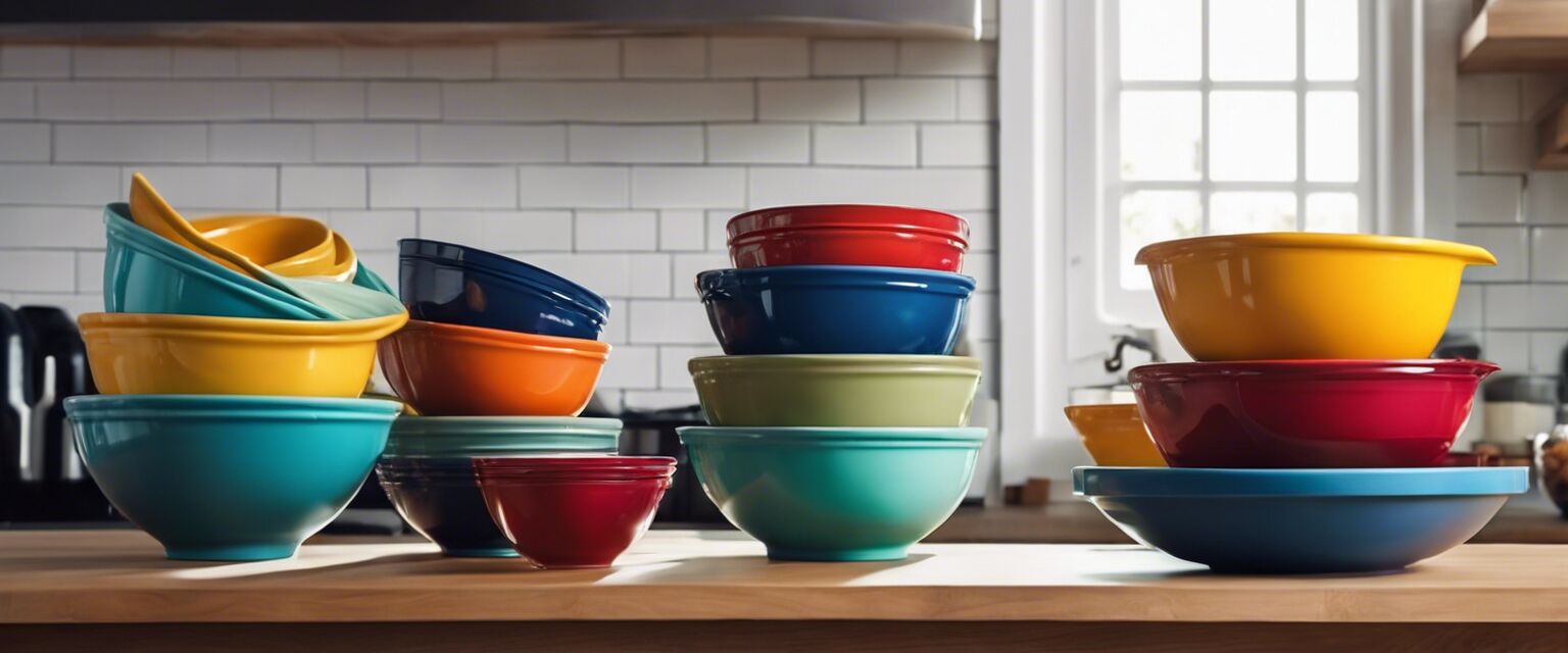 Colorful mixing bowls on a kitchen counter