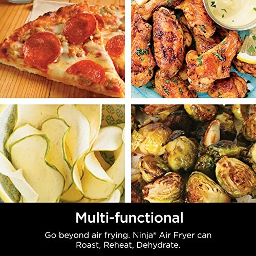 Collage of foods made with Ninja Air Fryer: pizza, chicken wings, sliced vegetables, Brussels sprouts.