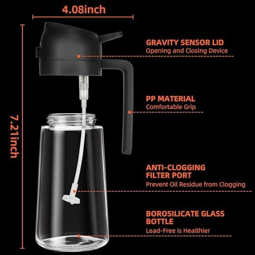 Oil dispenser bottle with gravity sensor lid and anti-clogging filter.