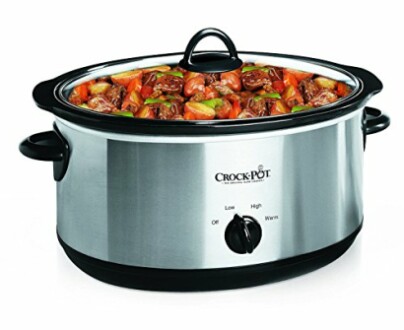 Slow cooker filled with beef stew and vegetables