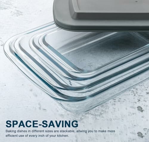 Stackable glass baking dishes with lids for space-saving kitchen storage.