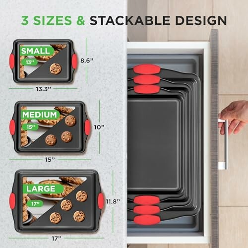 Three sizes of stackable baking sheets in a drawer.