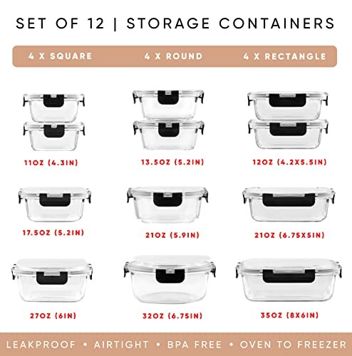 Set of 12 storage containers with various shapes and sizes.