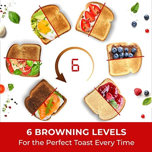 Six slices of toast with different toppings showing browning levels.